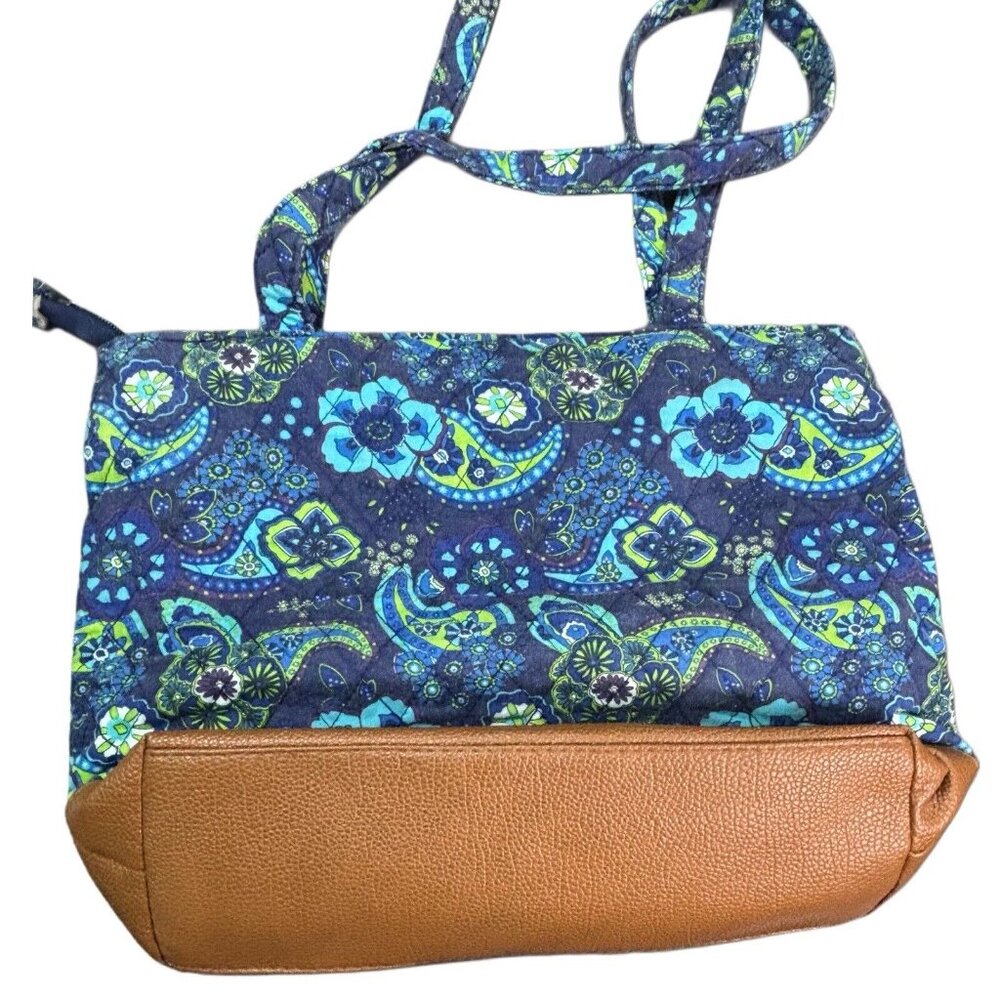 Vera Bradley Blue Paisley Tote Bag With Tan Faux Leather Base